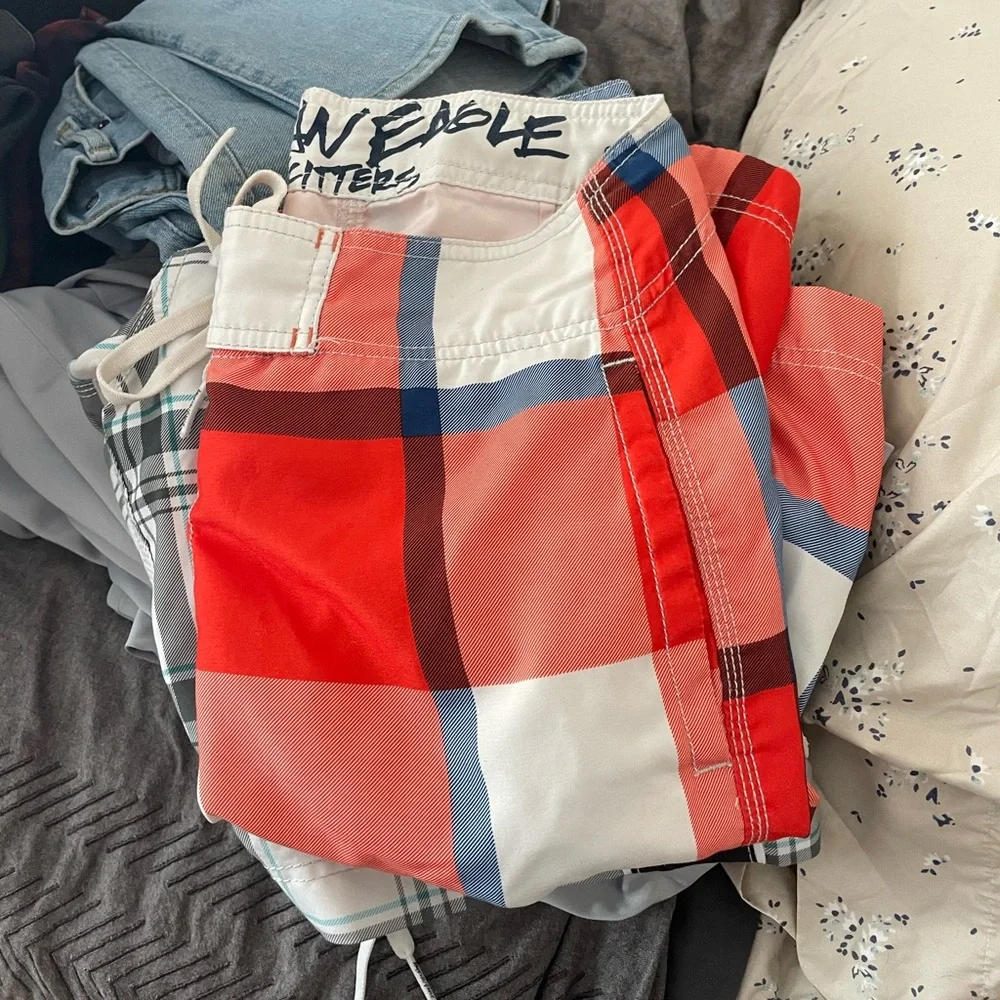 American eagle plaid orange drawstring board swimming shorts